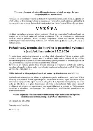 Výzva na vykonanie výrubu/okliesnenia stromov a iných porastov